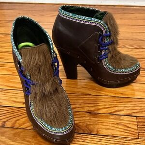 Belle Sigerson Morrison Brown Leather Faux Fur Platform Ankle Boots Size 6B